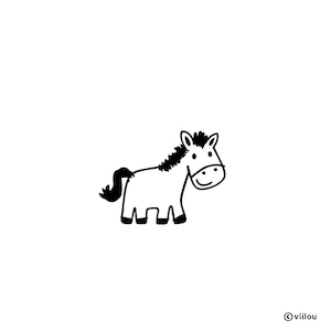 Peut inclure: Un dessin au trait noir et blanc d'un cheval de dessin animé avec une expression joyeuse.