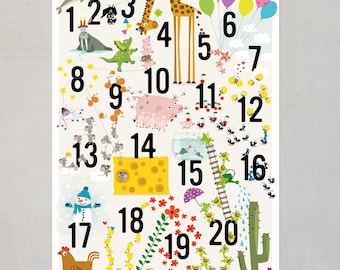 Kinder Poster ZAHLEN bis 20 Kinderzimmer Zahlenposter Tiere Illustration Lernposter Grundschule zählen lernen Plakate Kindergarten Prints