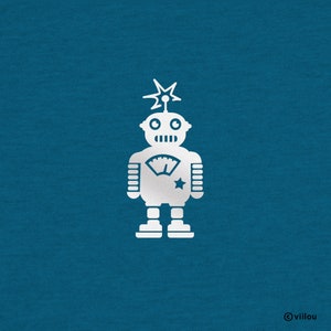May include: A white robot with a star on its chest, a gauge on its body, and a spark on its head, on a blue background.