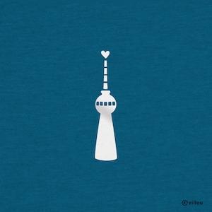 May include: A white silhouette of the Berlin Television Tower with a heart on top against a blue background.