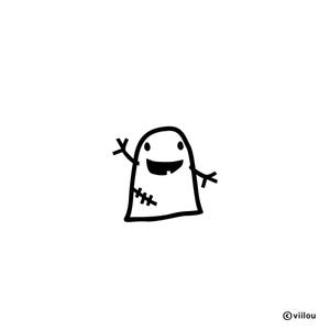 May include: A black and white line drawing of a friendly ghost with a stitched-up body and a big smile.