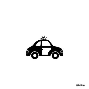 Könnte beinhalten: Schwarz-weiße Silhouette eines Polizeiautos mit einem Licht auf dem Dach.