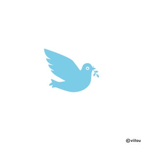 Pode incluir: Silhueta de uma pomba azul clara com um ramo de oliveira no bico, sobre um fundo branco. A pomba é retratada em voo, com as asas abertas. A imagem tem um design minimalista, que sugere paz e tranquilidade.