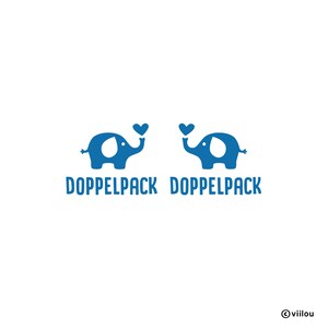 May include: Two blue elephant silhouettes facing each other, each holding a heart in their trunk. The text "Doppelpack Doppelpack" is below the elephants.