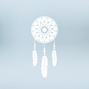 May include: White dreamcatcher with three white feathers hanging from it. The dreamcatcher is circular and has a web-like design.
