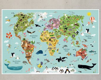 world map for children - german version - illustration animals poster picture