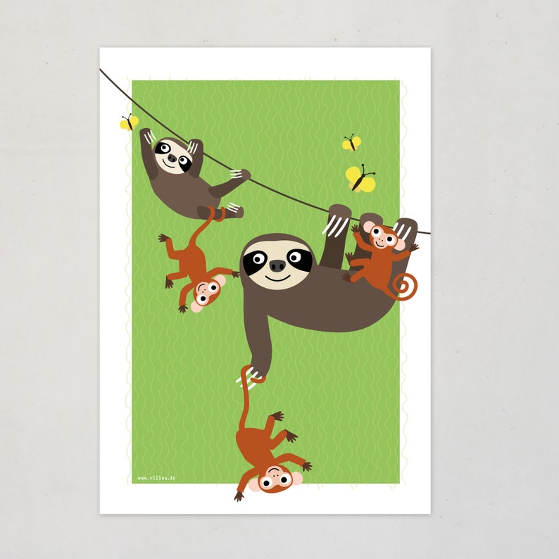 poster SLOTHS MONKEYS illustration prints nursery decoration baby room posters animals illustration children poster sloth illustration image 1