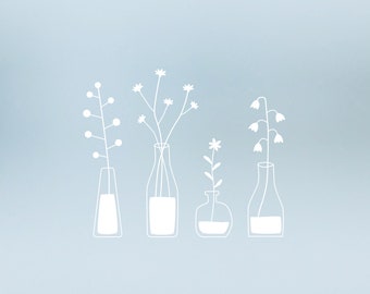 May include: A white line drawing of four vases with different flowers in them. The vases are all clear glass and the flowers are simple line drawings. The background is a light blue.