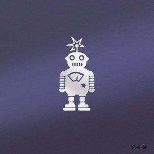 Op de afbeelding: Een witte robot met een ster op zijn borst en een licht op zijn hoofd. De robot staat op een paarse achtergrond.