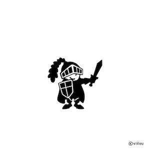 Könnte beinhalten: Schwarz-weiße Silhouette eines Ritters, der ein Schwert und einen Schild hält. Der Ritter trägt einen Helm und hat eine Feder am Hinterkopf des Helms.