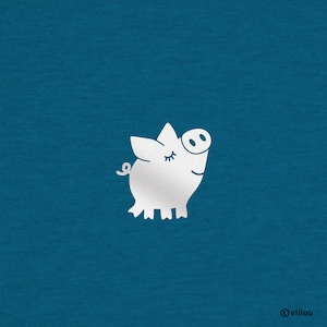 May include: A white pig with closed eyes and a curled tail on a teal blue background.