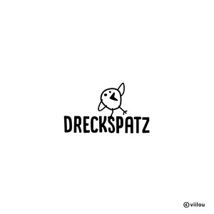 Könnte beinhalten: Schwarz-weißes Logo mit einer Cartoon-Vogel-Illustration über dem Wort "DRECKSPATZ". Der Vogel ist in einem einfachen, verspielten Stil gezeichnet. Der Text ist fett, in einer serifenlosen Schriftart. Der Hintergrund ist weiß.