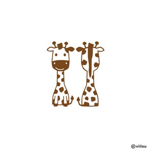 May include: Two brown cartoon giraffes with white spots and a white background. One giraffe faces forward, the other faces backward. The giraffes have a smiling face and a small tail. The image has the text "viilou" in the bottom right corner.