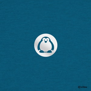 May include: A white penguin silhouette on a blue background inside a white circle.