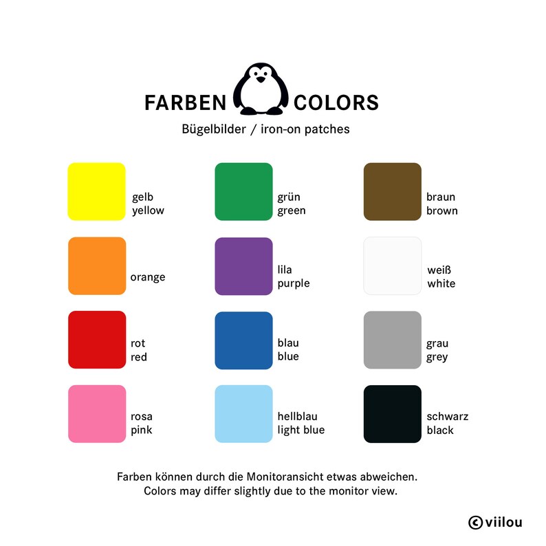 May include: A chart showing different colors with their names in both English and German. The colors include yellow, orange, red, pink, green, brown, purple, white, blue, light blue, gray, and black.