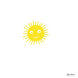 May include: A bright yellow sun illustration with a smiling face and radiating lines, set against a white background. The image has a simple, cartoon style, suitable for children's items. The artist's name is in the bottom right corner.