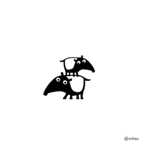 Könnte beinhalten: Eine schwarz-weiße Illustration mit zwei stilisierten Tapiren. Einer der Tapire steht auf dem anderen, was ein verspieltes Design ergibt. Die Tapire haben große, runde Augen und eine einfache, cartoonartige Ästhetik.