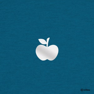 May include: A white apple silhouette on a teal blue background.