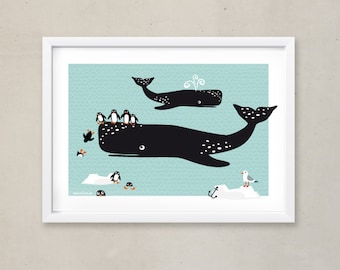 poster WHALES PENGUINS posters  animals prints nursery illustration whale pictures baby room decor wall print penguin