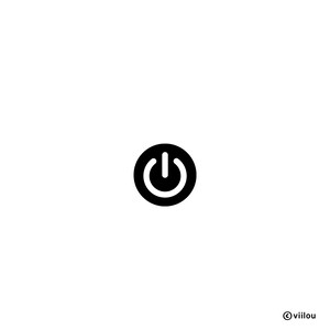 Könnte beinhalten: Schwarz-weißes Power-Button-Symbol in einem Kreis.