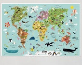 Kinderweltkarte Poster Kinder Weltkarte Prints Tiere Illustration Plakate Landkarten Kinderzimmer Lernposter Kind Weltkarten Kontinente