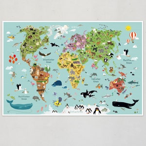 Kinderweltkarte Poster Kinder Weltkarte Tiere Illustrationen Plakate Landkarten Kinderzimmer Lernposter illustrierte Weltkarten Kontinente Bild 1