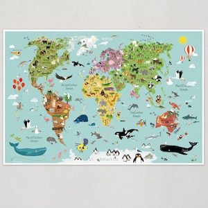 Kinderweltkarte Poster Kinder Weltkarte Prints Tiere Illustration Plakate Landkarten Kinderzimmer Lernposter Kind Weltkarten Kontinente