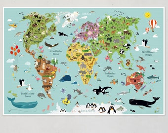 Affiche carte du monde pour enfants carte du monde pour enfants illustrations d'animaux affiches cartes chambre d'enfant affiches d'apprentissage cartes du monde illustrées continents