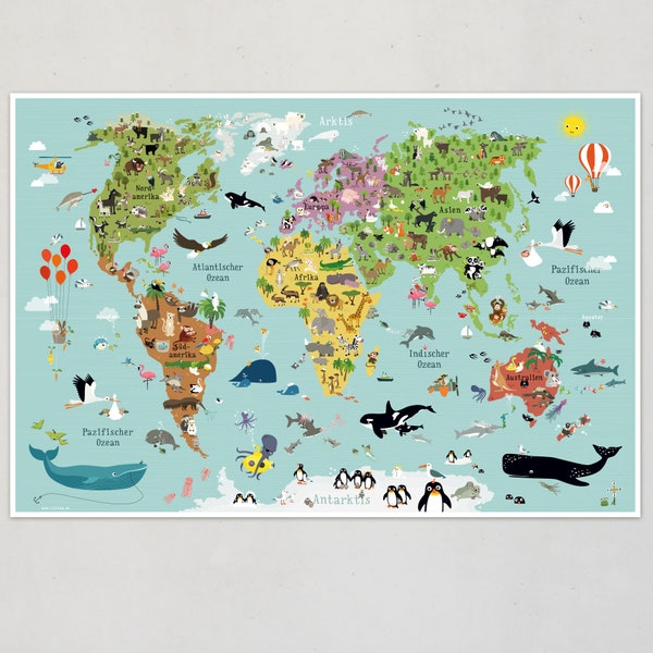 Kinderweltkarte Poster Kinder Weltkarte Tiere Illustrationen Plakate Landkarten Kinderzimmer Lernposter illustrierte Weltkarten Kontinente