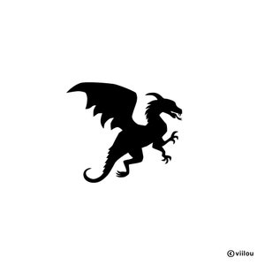 Può includere: Silhouette nera di un drago con le ali spiegate, rivolto a destra. Il drago ha una lunga coda e artigli affilati.