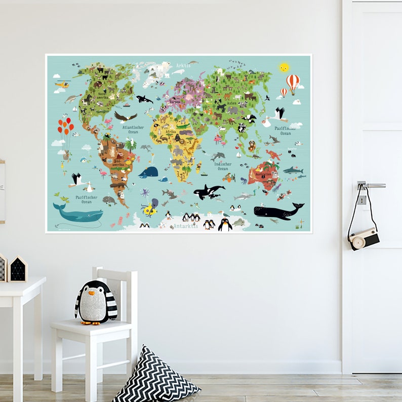 Kinderweltkarte Poster Kinder Weltkarte Tiere Illustrationen Plakate Landkarten Kinderzimmer Lernposter illustrierte Weltkarten Kontinente Bild 8