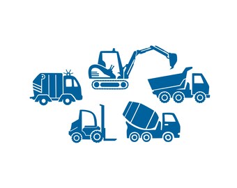 May include: A set of five blue silhouette construction vehicles, including a garbage truck, a forklift, a cement mixer, a dump truck, and an excavator.