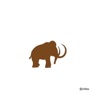 Puede incluir: Silueta marrón de un mamut lanudo sobre un fondo blanco. El mamut se representa de perfil, mostrando sus grandes colmillos y su cuerpo robusto. La imagen es una representación gráfica simple del animal prehistórico.
