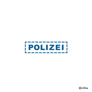 Peut inclure: Un timbre bleu et blanc avec le mot "POLIZEI" dans un cadre en pointillés.