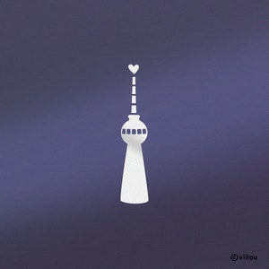 Op de afbeelding: Een wit silhouet van de Berliner Fernsehturm met een hart bovenop tegen een paarse achtergrond.