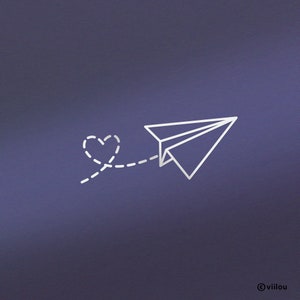 May include: A white paper aeroplane with a dashed line trail that forms a heart shape.