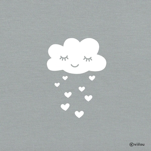May include: A white cloud with a smiling face and closed eyes is raining down white hearts on a grey background.