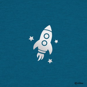 May include: A white rocket ship with two windows and a flame coming out of the bottom. There are three white stars around the rocket ship.