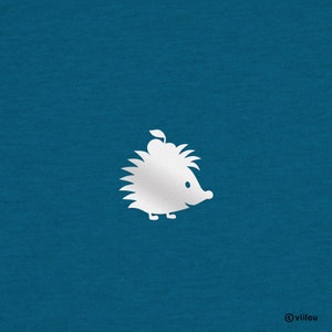 May include: A white silhouette of a hedgehog with a single leaf on its head against a solid teal blue background.