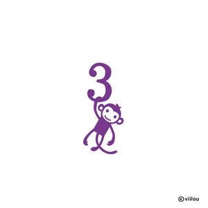 May include: Purple illustration of a monkey holding a number 3.