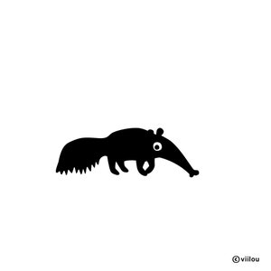 May include: Black and white silhouette of an anteater with a long snout and a bushy tail.
