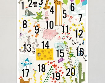 counting poster children prints nursery pictures numbers posters kids decor learning posters numbers counting illustration animals