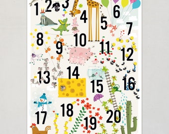 Kinder Poster ZAHLEN TIERE Plakate Kinderzimmer Lernposter zählen lernen Print Illustration Zahlenposter Kinder Kindergarten Zahlen bis 20
