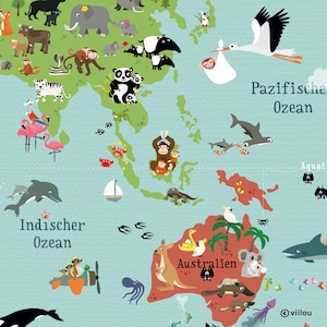 Weltkarte Poster Kinderzimmer Plakate Illustrationen Babyzimmer Prints Kinder Weltkarten Tiere Landkarten Kind Lernposter Kontinente Bild 2