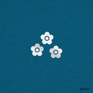 May include: Three white stylized flowers with a blue center on a teal background.