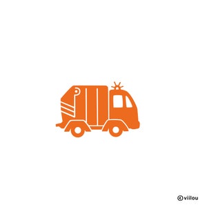 May include: Orange silhouette of a refuse truck with a flashing light on top.