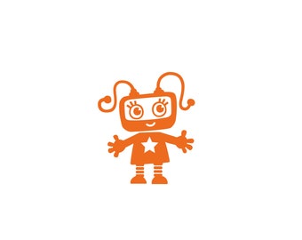 Könnte beinhalten: Orangefarbener Roboter-Mädchen mit einem Stern auf der Brust und großen Augen.