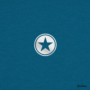 May include: A white star inside a white circle on a teal blue background.
