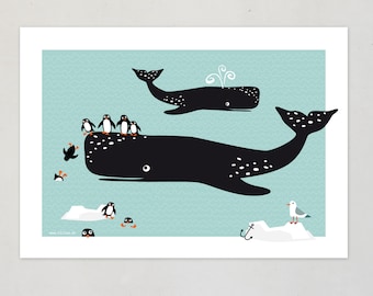 poster WHALES PENGUINS posters  animals prints nursery illustration whale pictures baby room decor wall print penguin