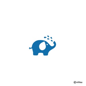 Könnte beinhalten: Eine blaue Silhouette eines Elefanten mit erhobenem Rüssel, der Wassertröpfchen versprüht. Der Elefant hat ein einfaches, cartoonartiges Design.